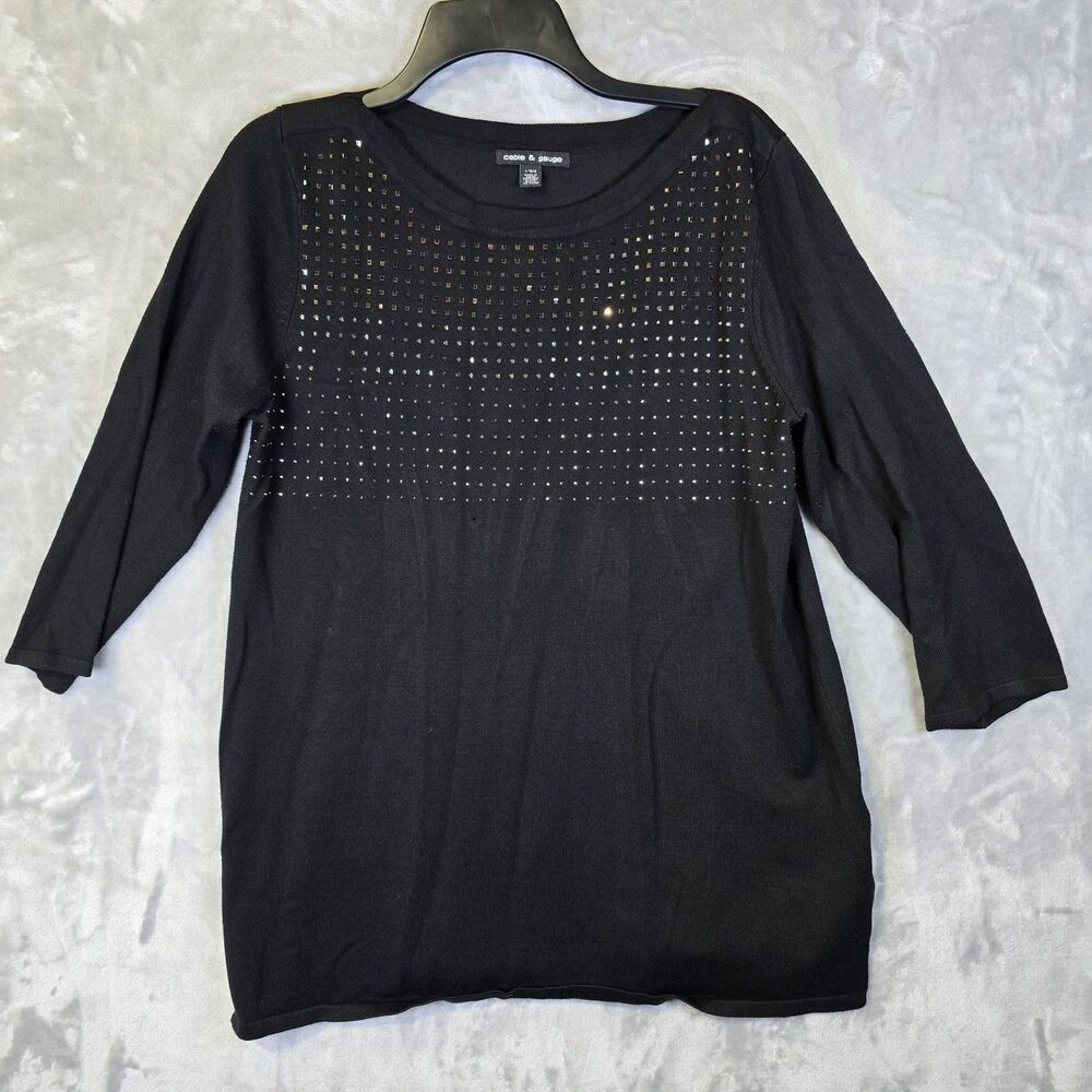 Cable & Gauge Pullover Sweater Womens Large Black Mirror Studded Embellishments